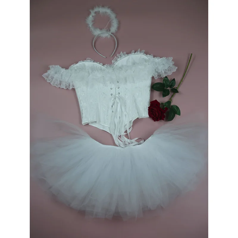 Off--Shoulder Lace Jacquard Slim Corset and Tulle Tutu Skirt, Swan Ballet Skirt Stage Performance Party Outfit Set, Halloween