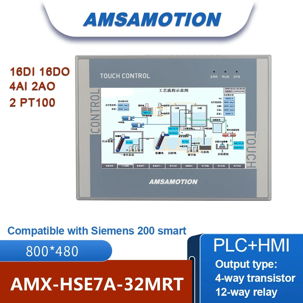 AMSAMOTION 7'' Inch Ethernet All-in-1 Ethernet Monitor HMI S7-200 SMART PLC 16DI 16DO 4AI 2AO Controller Touch Screen PT100