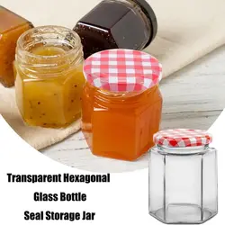 Transparent Hexagonal Glass Bottle Seal Storage Jar Small Glass Jars with Red Gingham Lids Airtight Pickle Jars Jam Jars H