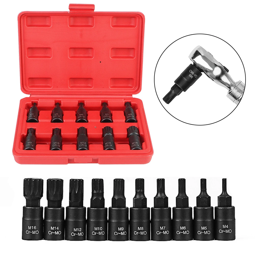 3/8 Inch Drive 10pcs 12 Point Torx Bit Socket Set Socket Wrench Tool Premium Cr-Mo Steel M4-M16 for Car Auto Accessories