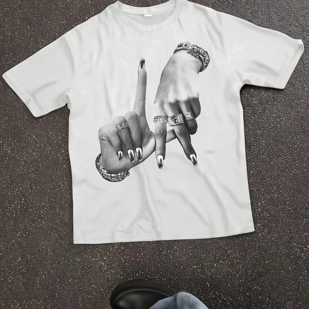 Camiseta Vintage de los Años 2000 con Estampado de Gesto de Mano Rockero para Hombre y Mujer, Blanca, de Manga Corta, Cuello Redondo, Informal, con Iconos Negros/Grises