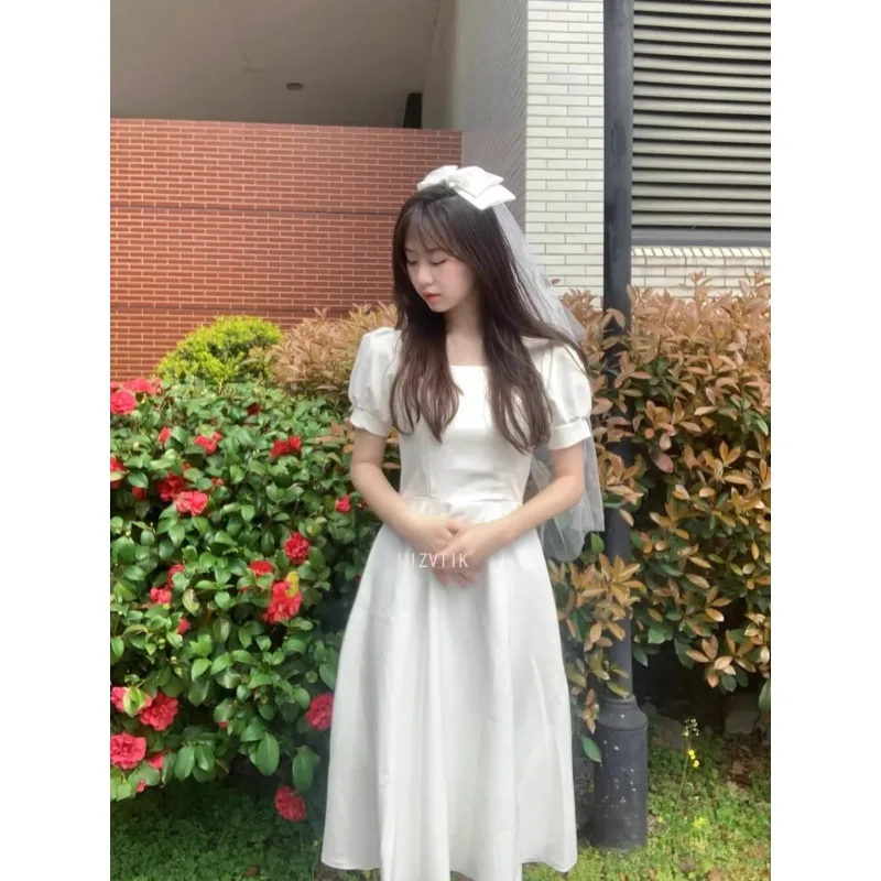

Light Luxury Satin Midi Wedding Dresses Temperament Dress Women's Summer White Photos Shoot Dress Simple Bridal Gown Customized