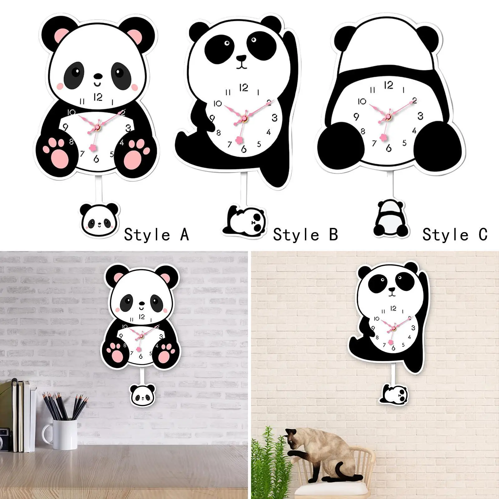 Panda Pendulum Wall Clock, Wall Ornament, Cute Cartoon, Modern, Stylish, Silent,