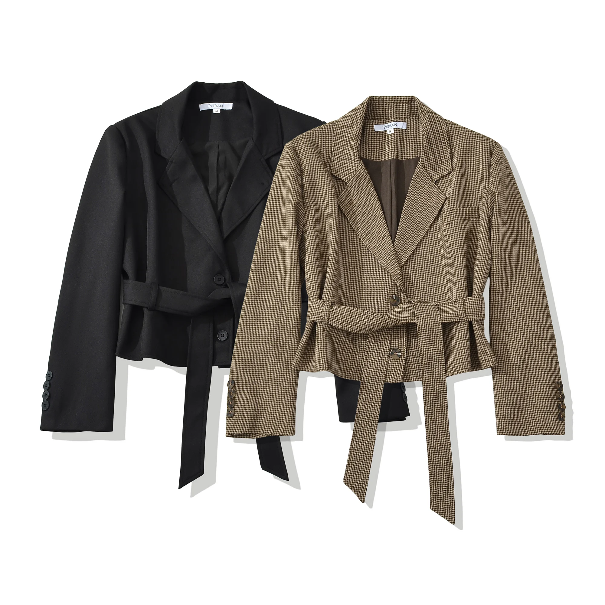 Spring Autumn Women Tide Bow Sashes Houndstooth Plaid Blazer Notched Collar Single-breasted Buttons Long Sleeve Suit Short Coat