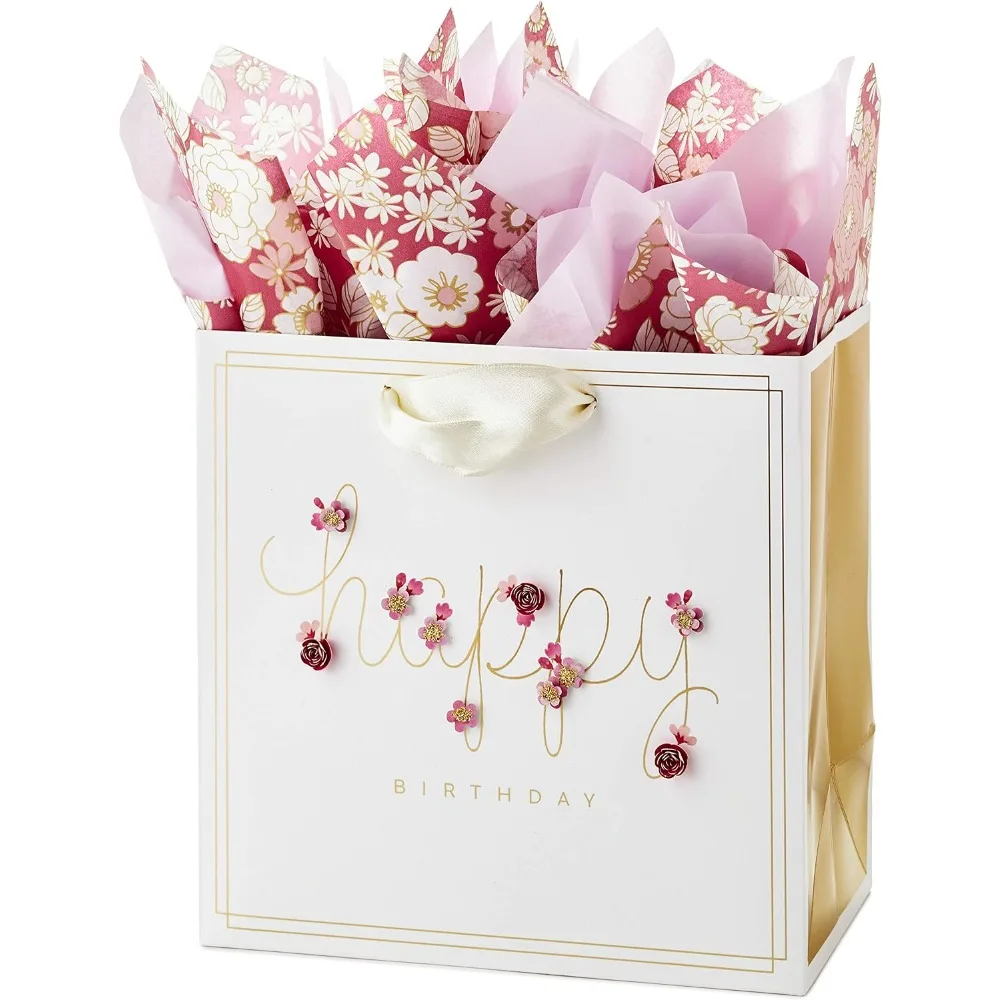 7" Medium Birthday Gift Bag with Pink Flowers & Tissue Paper, Elegant Design for Candles, Books, Jewelry - view 5