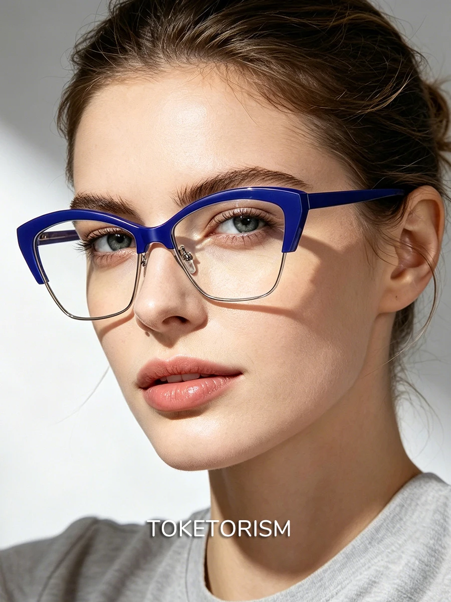 トケトリズム-トレンド-ハーフフレーム-ユニセックス-オプティカルメガネフレーム-ブルーライトカット-パソコン用メガネ-女性用