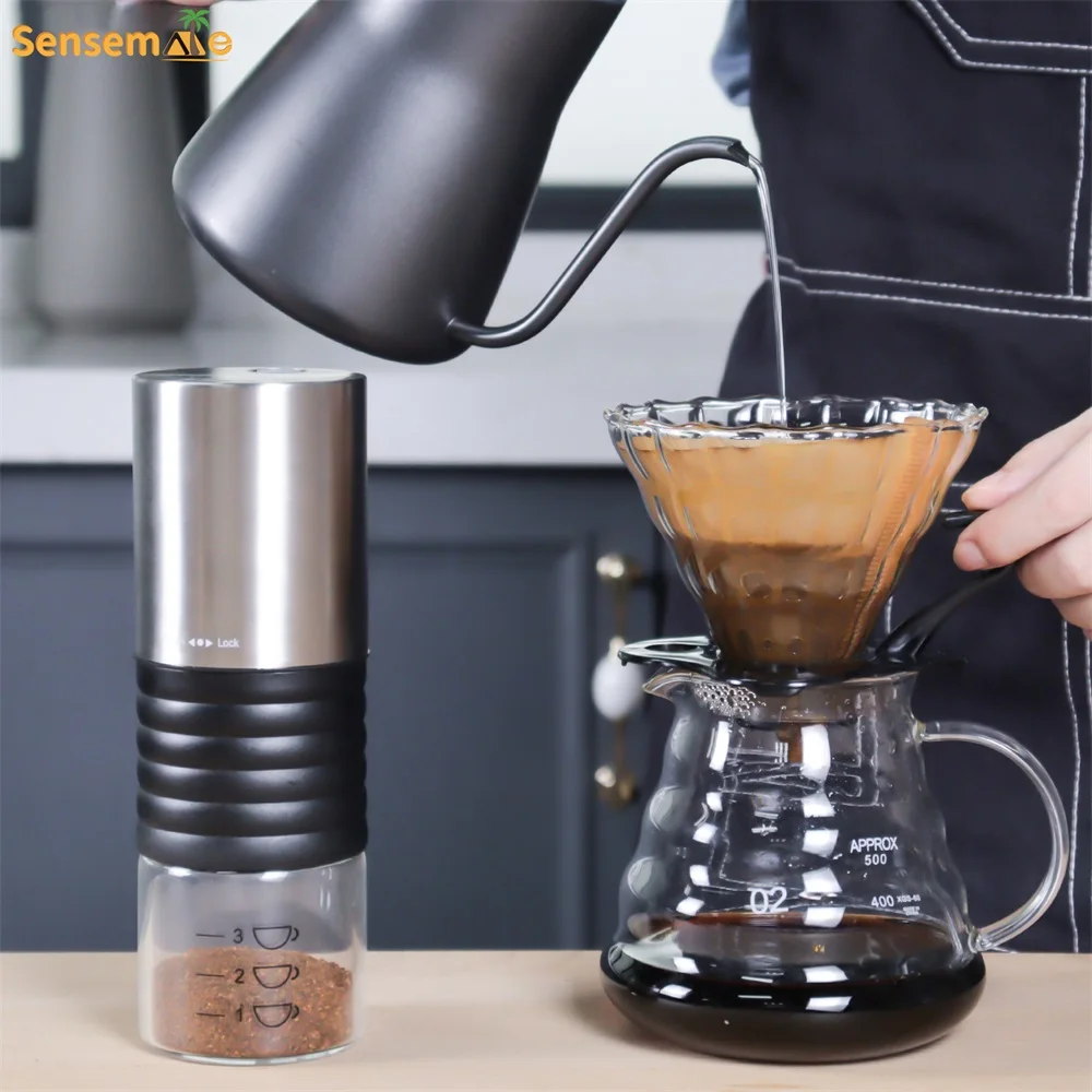 SENSEMAKE Portable Advanced Electric Burr Core  Coffee Grinder with Glass USB  CNC Stainless Steel Burr Grinding 7 Stars