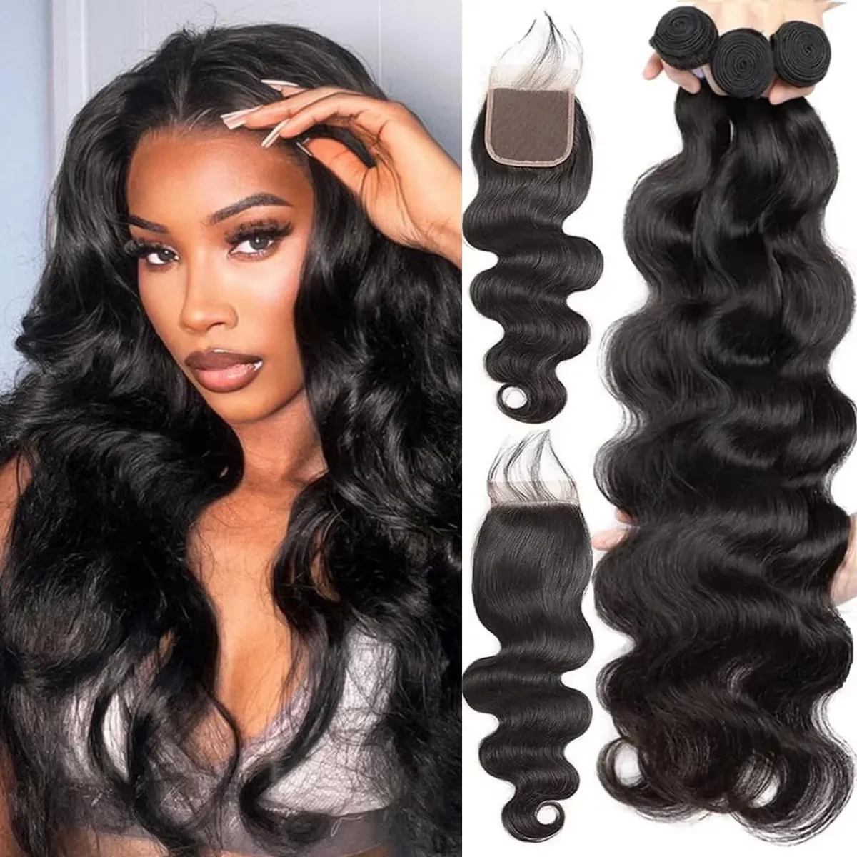 Body Wave Bundels met sluiting Braziliaans haarweefsel 3/4 bundels met sluiting Bundels van echt haar Haarverlenging van echt haar - afbeelding 1