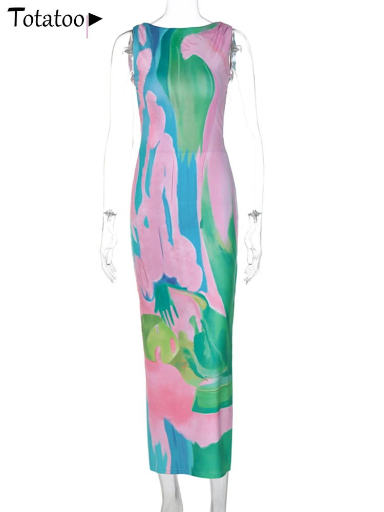 Totatoop Coloful Tie Dye Stampa Abito estivo per le donne 2024 Backless senza maniche Alta fasciatura divisa Abito lungo Beach Robe Ladies
