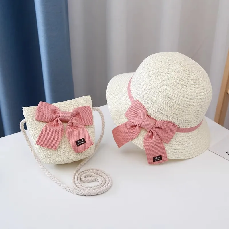 2-8 year old children\'s sun hat summer new straw bag hat set baby travel sunscreen beach hat sun Bucket hat children\'s straw hat