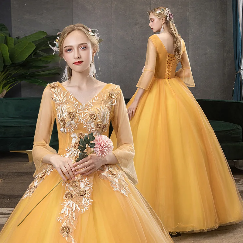 

Evening Dress, Fluffy Skirt, Host's Long Performance Dress, Tie Up Waist, V-neck Embroidered Yellow Student Stage Princess Skirt