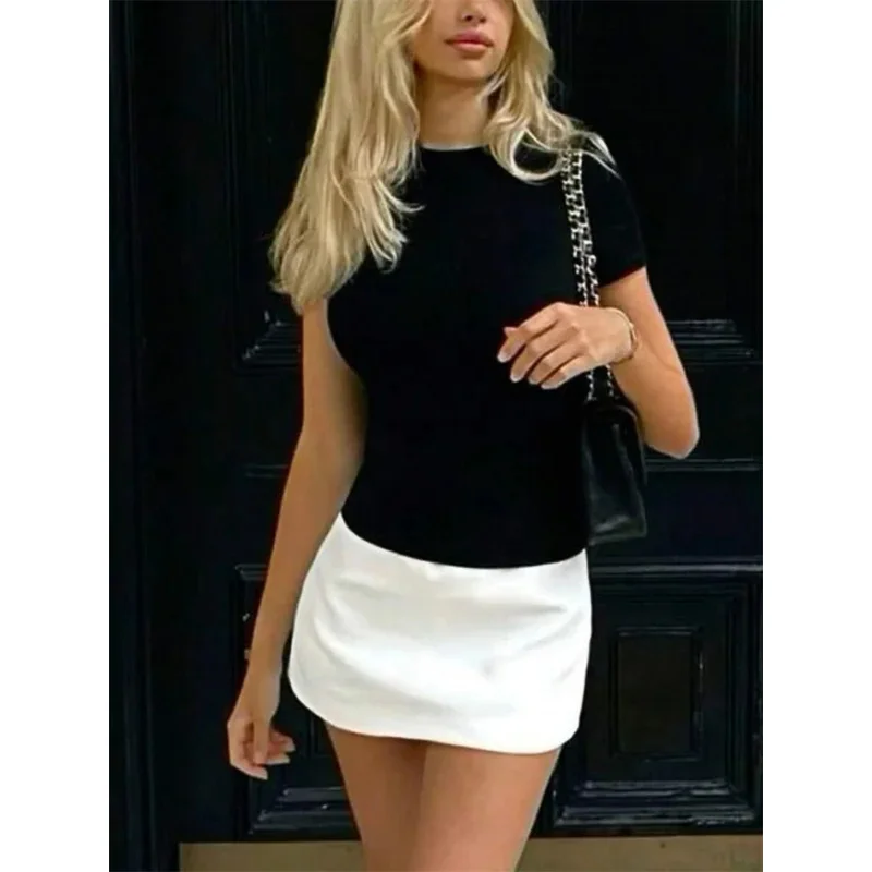 JINIA Zomer Vrouwelijke Contrast Mini Jurk Casual Hoge Taille Korte Mouw Sexy Skinny Patchwork Bodycon Jurk Dames Mini Jurk