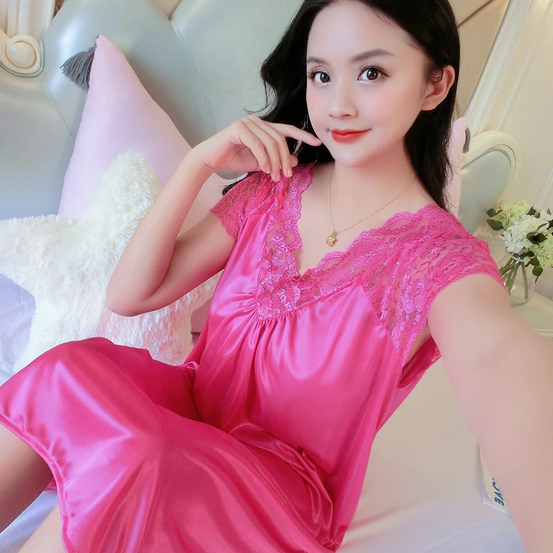 Ladies Ice Silk Nightgowns Sleeping Dress Medium Length Short Sleeve Nightdress Sexy Sleepwear Home Wear Loungewear Pyjama Femme