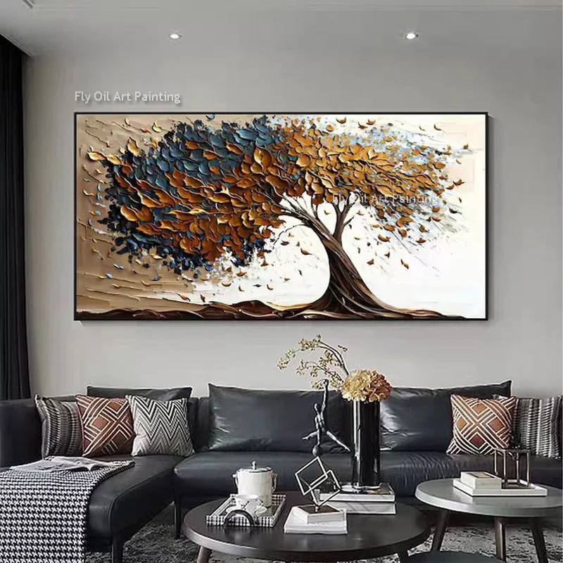 Hand Painted Orange Blue Canvas Modern Artwork Colorful Tree Knife Thick Oil Painting Abstract Treescape Wall Art For Home Decor