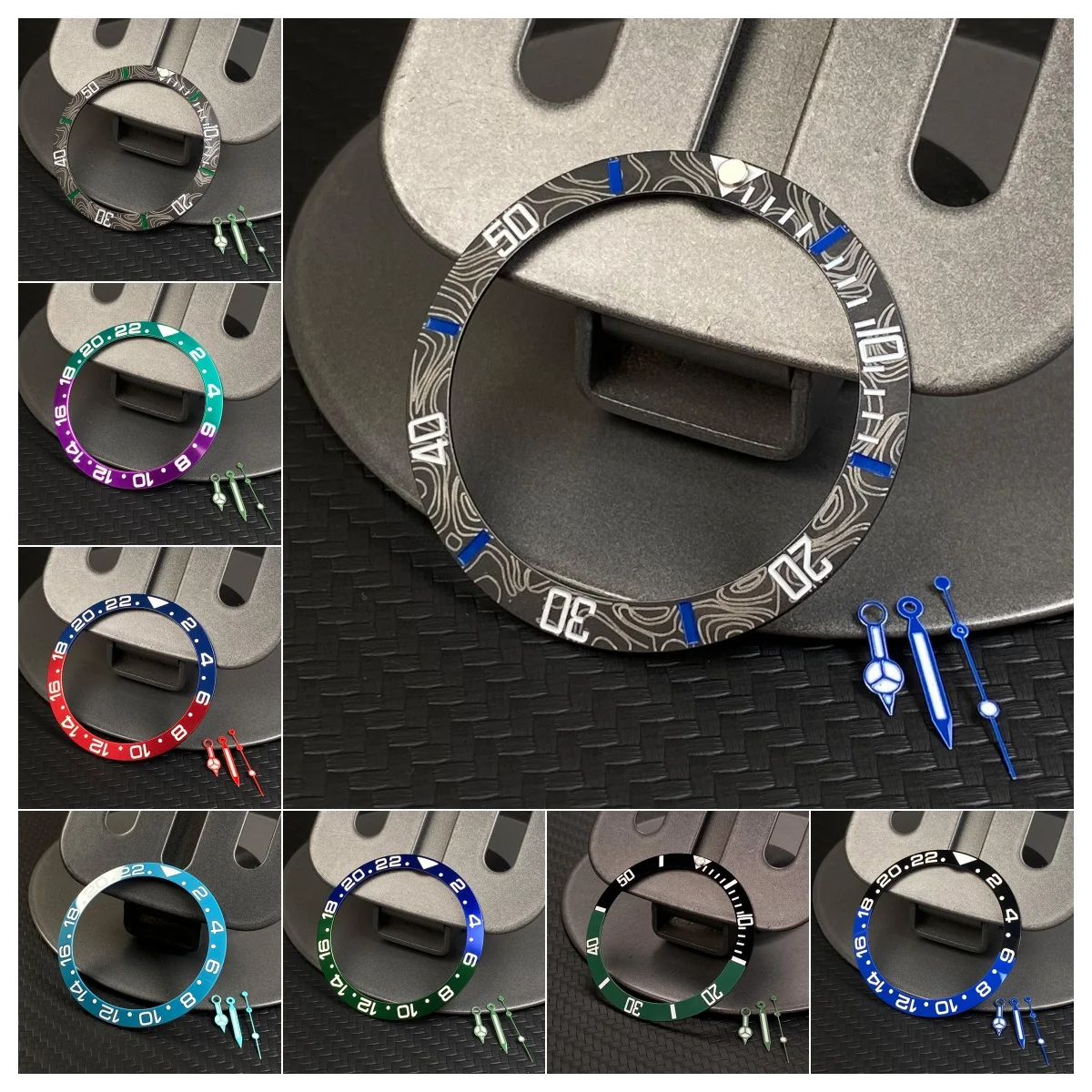 NH35 시계 바늘 섬유 패턴 디자인 세라믹-알루미늄 베젤 블루 그린 빛나는 손 NH35 NH36 무브먼트 부품 시계 케이스에 적합