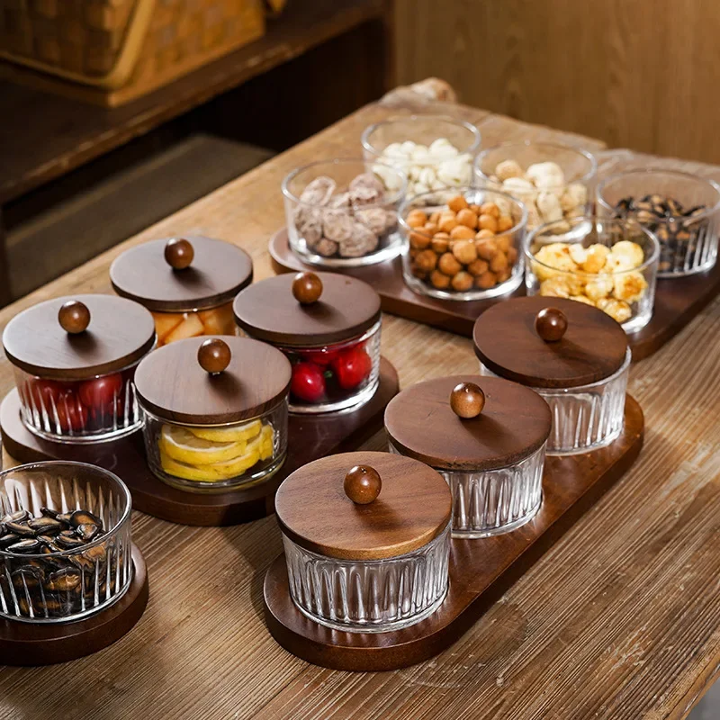 New Light Luxury Fruit Plate Household Snack Display Plate Living Room Partition Fruit Plate Glass Bowl Dessert Wooden Tray