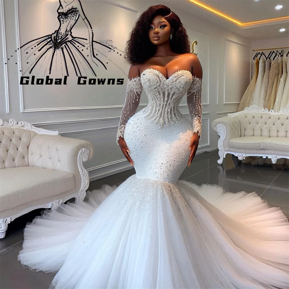 

White Bead Crystal Wedding Dresses Sweetheart Long Sleeve Bride Gown Mermaid Special Occasion Gown Customized