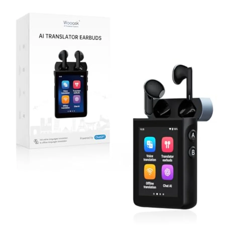 Global business travel earbuds with AI real-time translation, offline camera-enabled headphones, black ABS plastic, no app requ