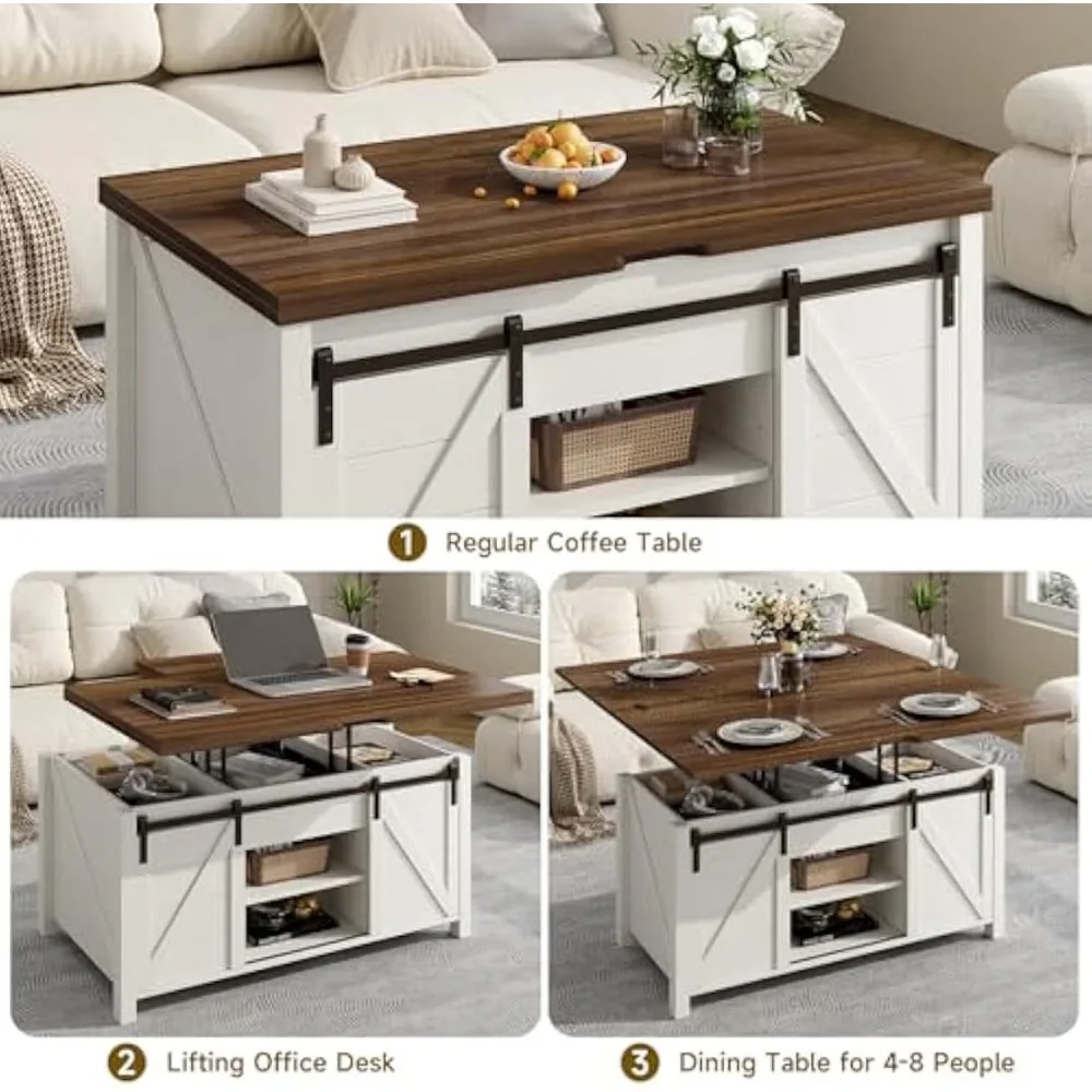 Farmhouse Lift Top Coffee Table with Sliding Barn Door,Rustic Center Table with Hidden Storage Compartment,Storage Coffee Table