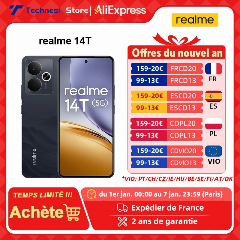 Version mondiale realme 14T Smartphone 5G MTK Dimensity 6300 Ecran AOLED 6,67 » Batterie 6000mAh Next AI Résistance à l'eau IP69