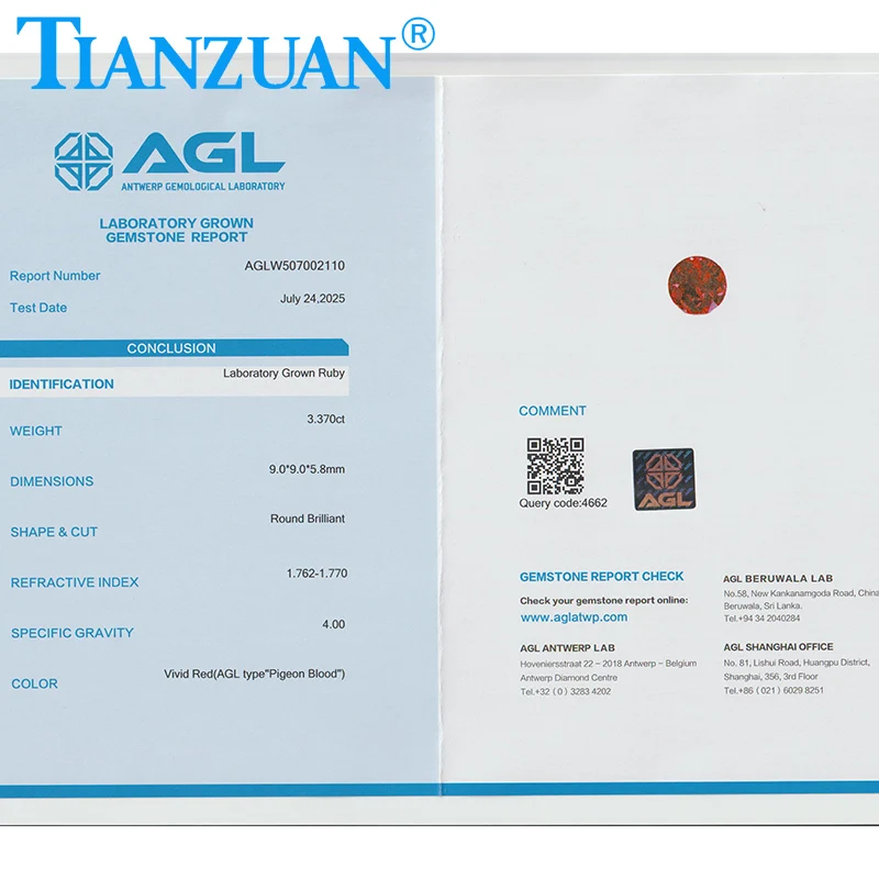 

Lab Grown Ruby Pigeon Blood Red Ruby Round Shape Diamond cut Synthetic Corundum Visible Inclusion Crack with AGL certificate