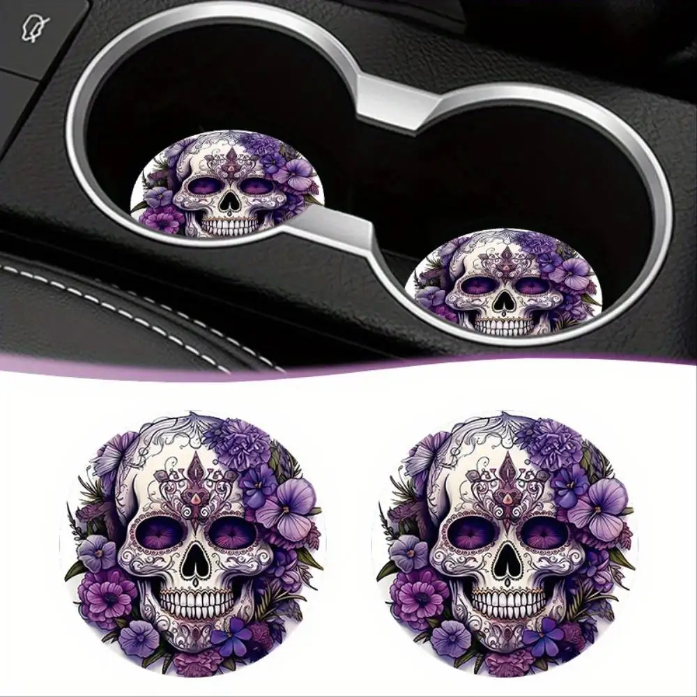 Dark Fantasy Skull & Purple Flower Halloween EVA Coasters Non-Slip Heat Resistant Car Bar Office Restaurant Decor