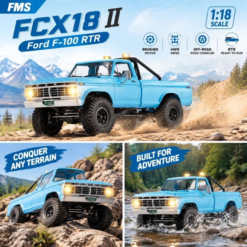 FMS FCX18 II 1:18 Ford F‑100 RTR Brushed 4WD RC Pickup Truck Simulation Off Road Rock Crawler Remote Control Hobby Vehicle