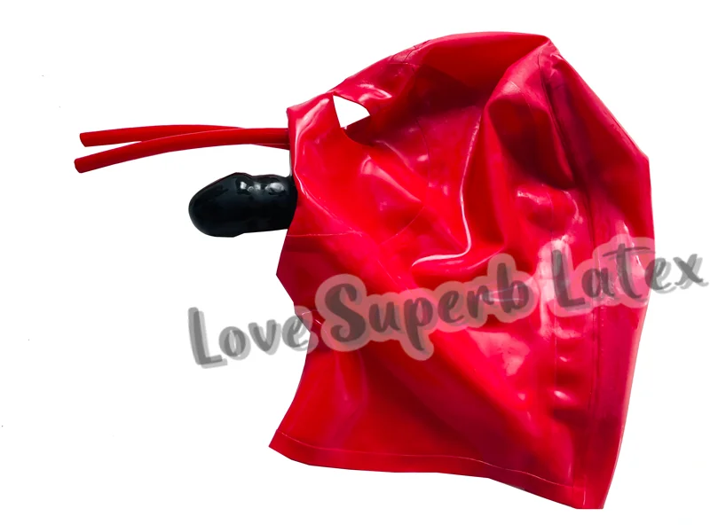 Máscara de goma de látex azul oscuro hecha a mano, capucha de goma, máscara de cobertura completa de látex gummi con funda interior de 5cm, tubo de nariz de 15cm de largo, ojos abiertos