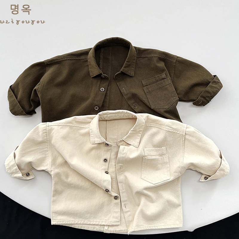 Baby Girls Boys Cotton Shirt Kids Casual Long Sleeve Pure Colour Cardigan Coat Spring Autumn 1-6Yrs Baby Girls Boys Shirt