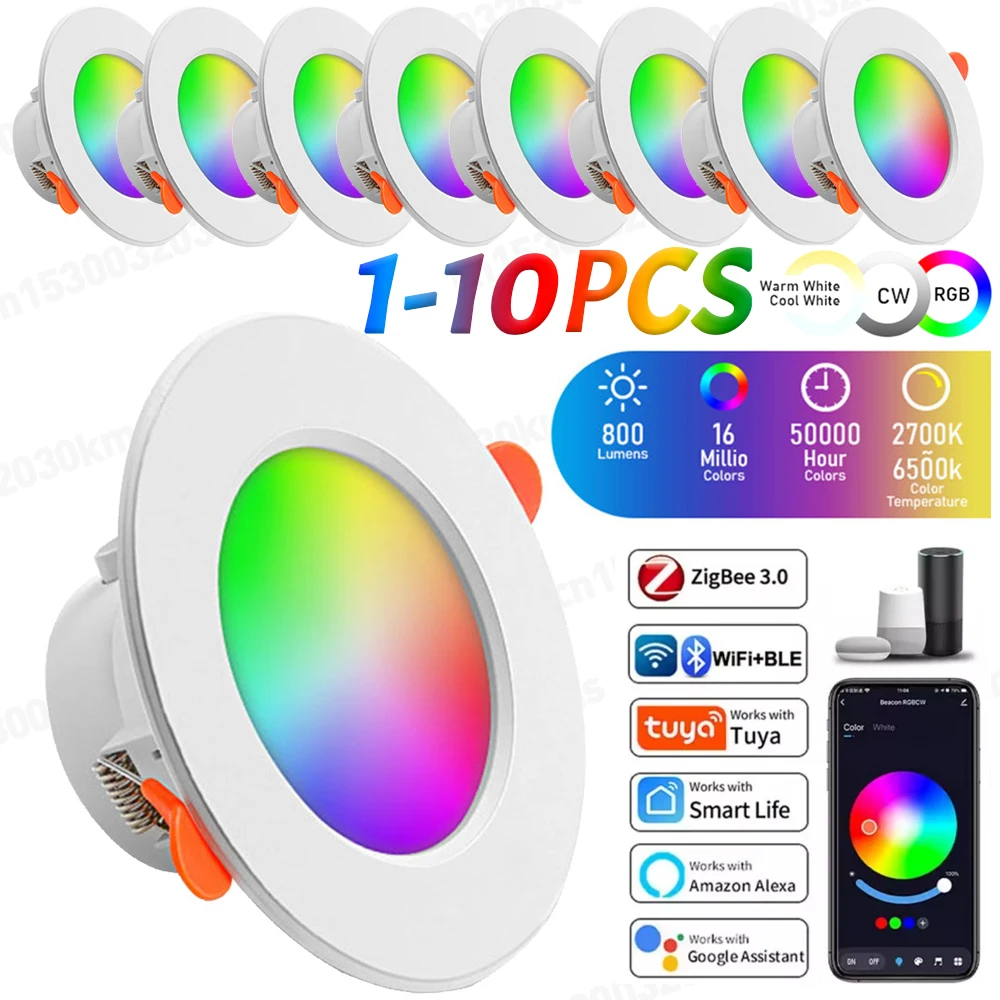 1-10PCS LED Downlight Dimmable AC85-265V 10W tuya Intelligent Graffiti Control Voice APP RGB CW Full Color Spot Ceiling Recessed