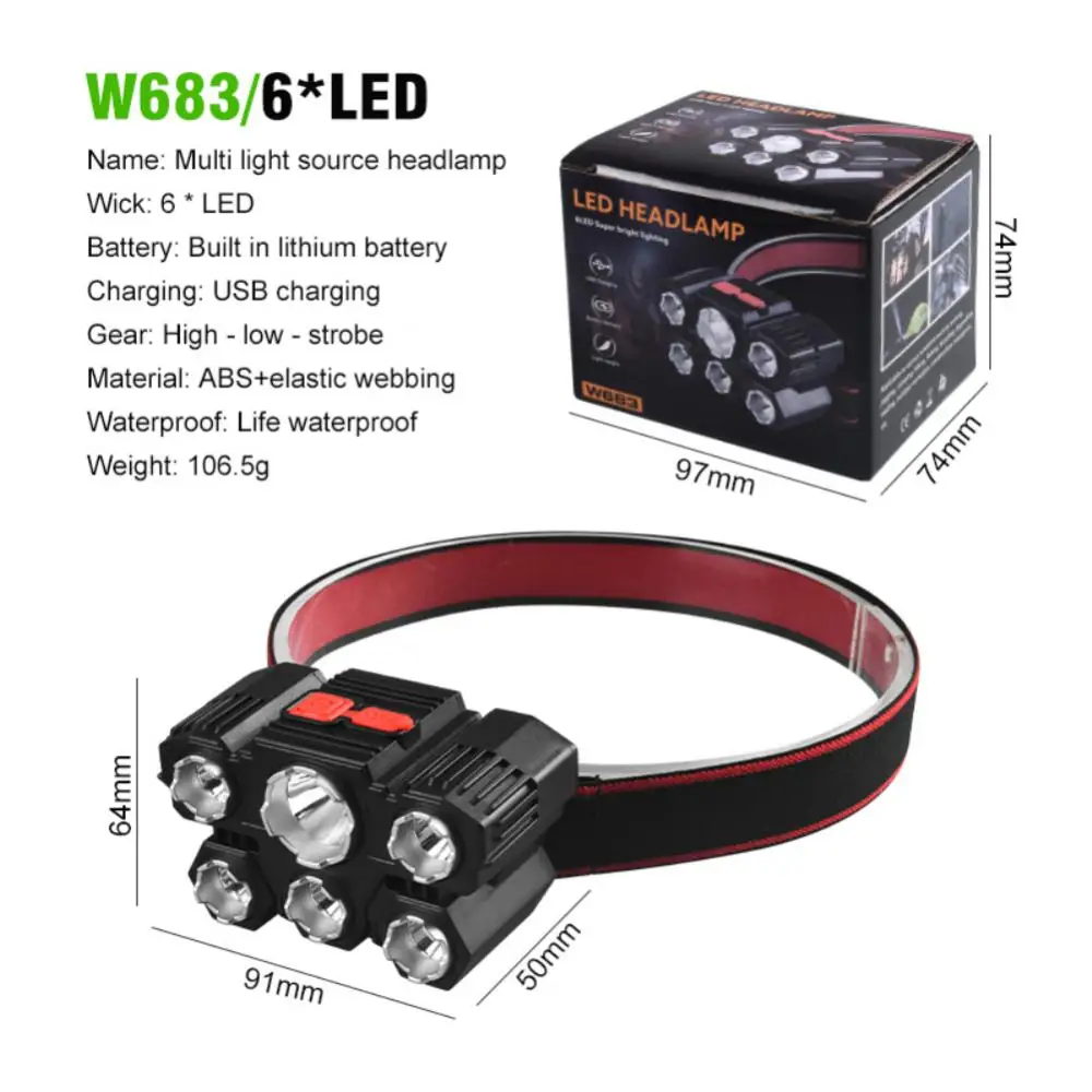 Linterna de cabeza Led ajustable, lámpara de emergencia impermeable, recargable por Usb, con batería integrada, 8 Led, 6 Led