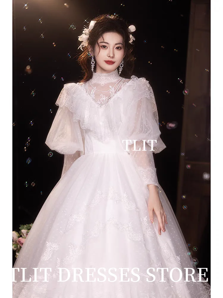 TLIT Luxurious Lace A-Line Tiered Wedding Dresses Customized Korea Wedding Dress Photoshoot Strapless O-Neck Bridal Gowns