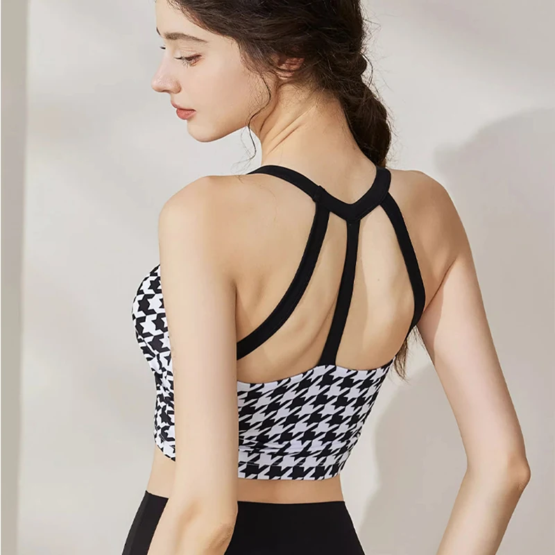 Women's Breathable Yoga Sports Bra Top with Printed Fixed Pads Pilates Bras Gathered Running Vest for Outerwear Gym Bra