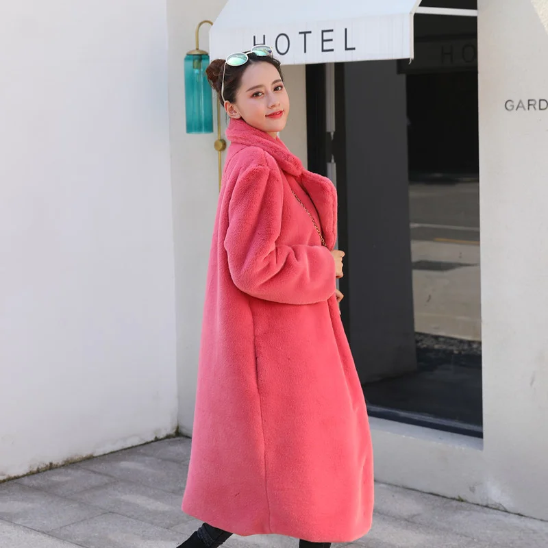 2024 Women Winter Warm Faux Fur Coat Thick Long Turn Down Collar Female Long Sleeve Imitation Rabbit Fur Outwear Casaco Feminino