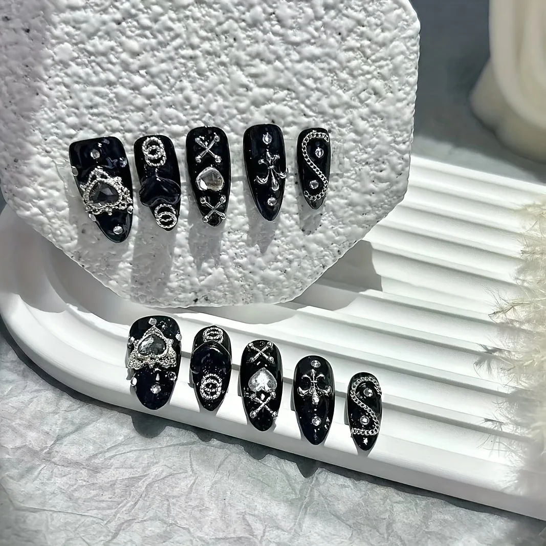 10 Pieces Handmade Wear Nail Dark Mine Series Dark Spicy Girl Style Nail Patch Black Nail Art Finished Fake Nails