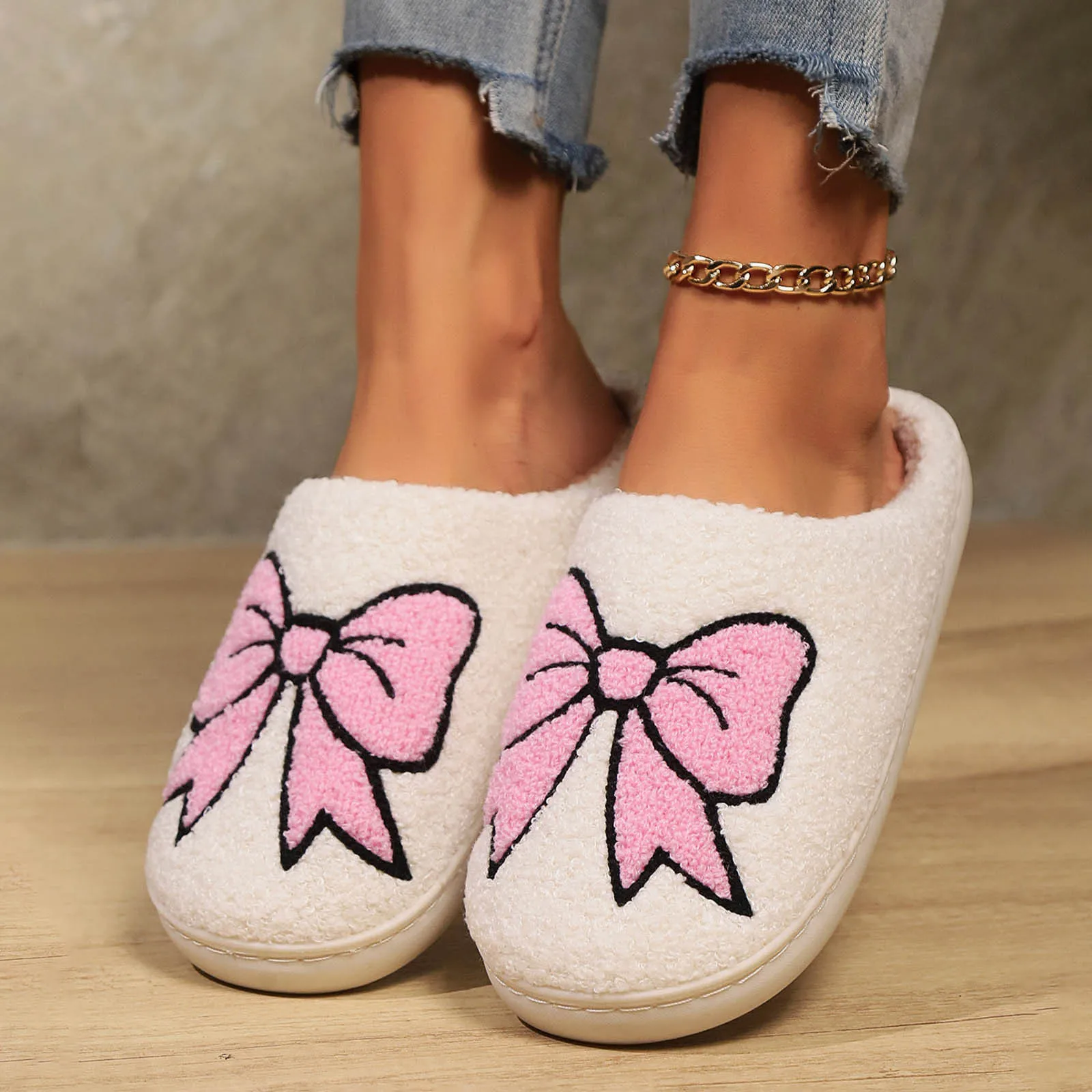 Women's New Cute Bowknot Slippers Home Indoor Winter Non Slip Comfortable Fluffy Slippers Thick Warm Cozy Fashion Home Shoes