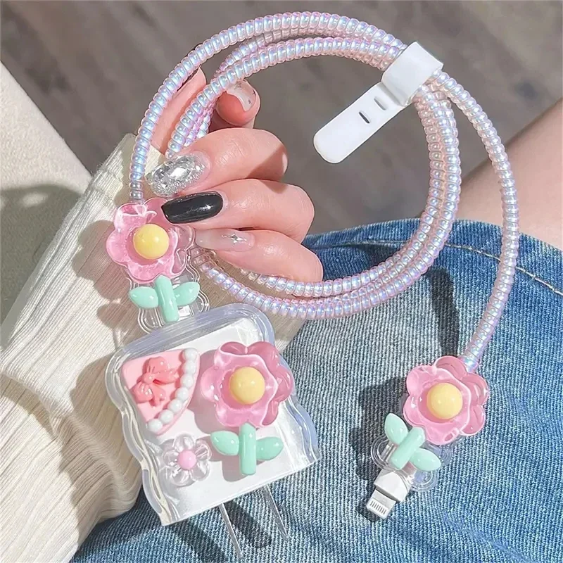 Blue Flower Charger Cable Protector For Iphone15 14 13 18W20W Charger Protector 2024 New Cute Data Line Spiral Winder Protective