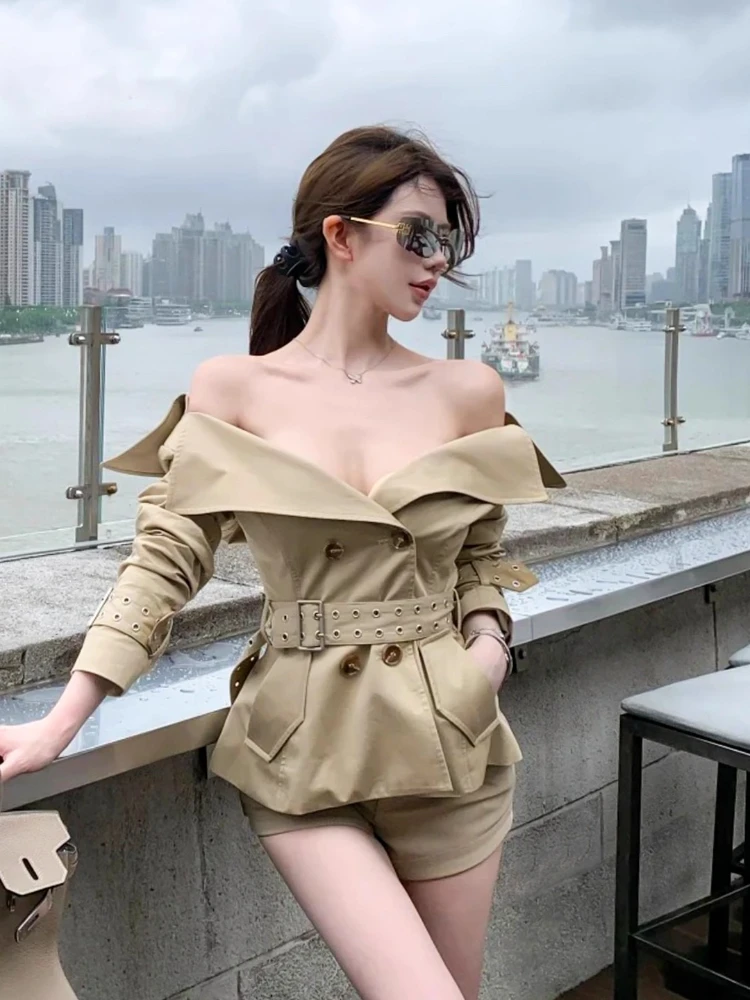 2025 novo conjunto de 2 peças de alta qualidade cáqui grande lapela curto trench coat + shorts feminino outono elegante rendas jaqueta trespassado