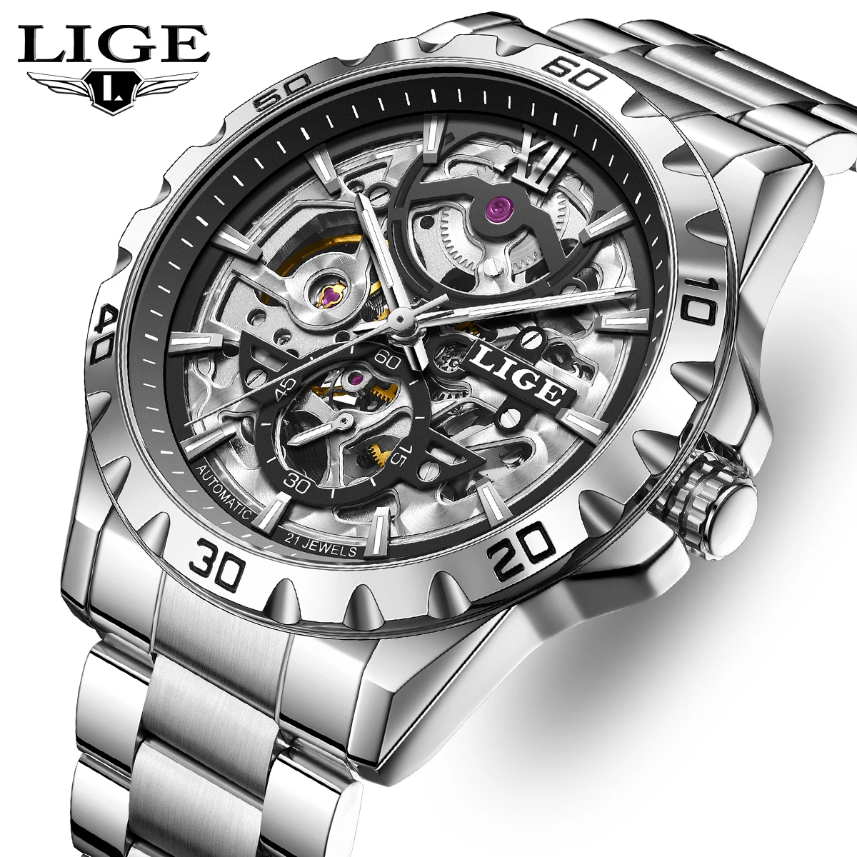 LIGE Skeleton Mens Watches Ring Luxury Man Automatic Mechanical Watches Luminous Waterproof Stainless Steel Strap Watch+Box