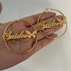 Custom Butterfly Name Hoop Earrings For Women Girl Jewelry Personalized Stainless Steel Nameplate Earrings Best Friends Gifts