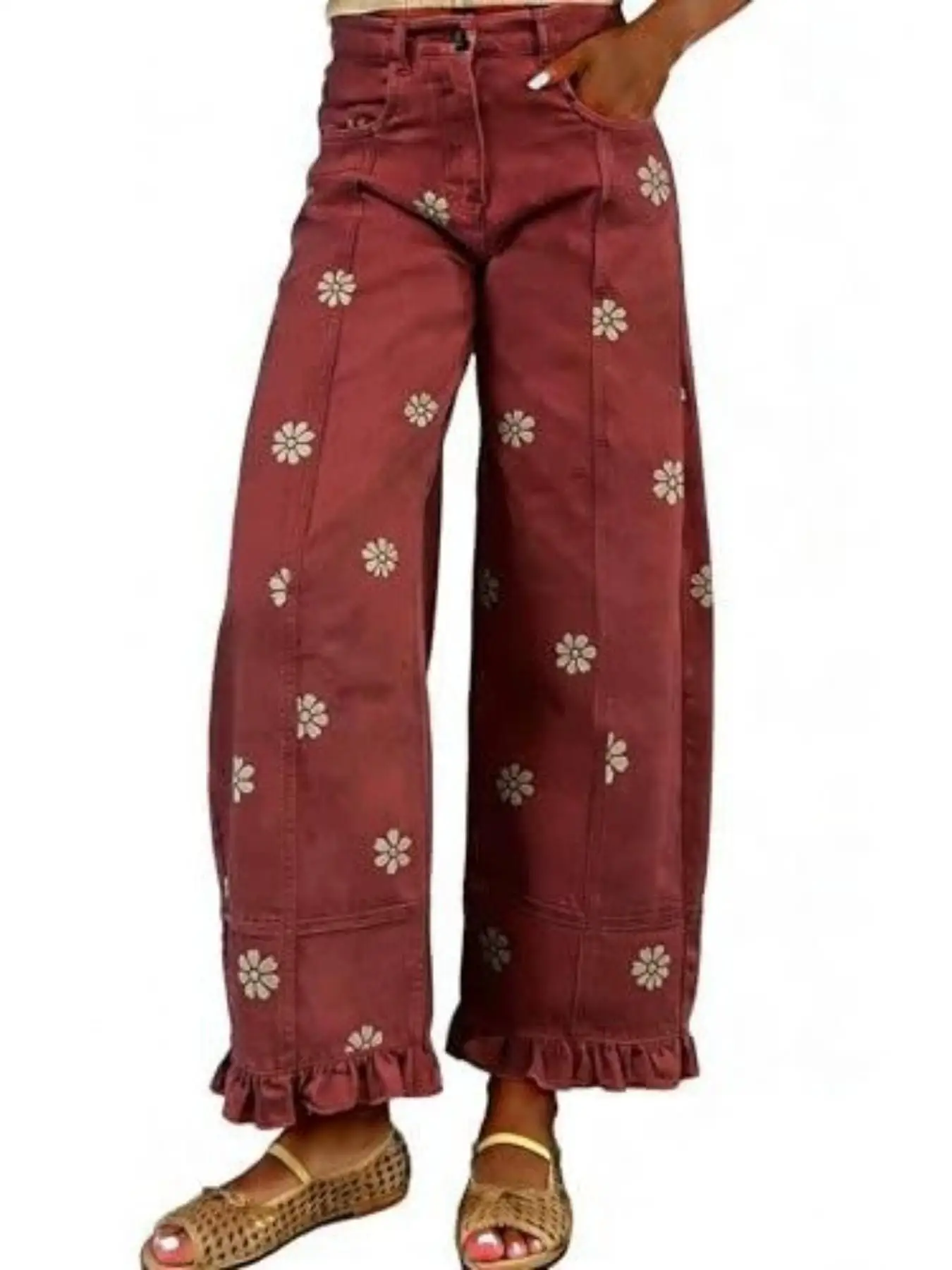 Vintage Jeans mit Gänseblümchenmuster für Damen, hohe Taille, floraler Saum, locker geschnittene, abgenutzte, lässige lange Hose, Retro-Unifarben-Design. – Detail 4
