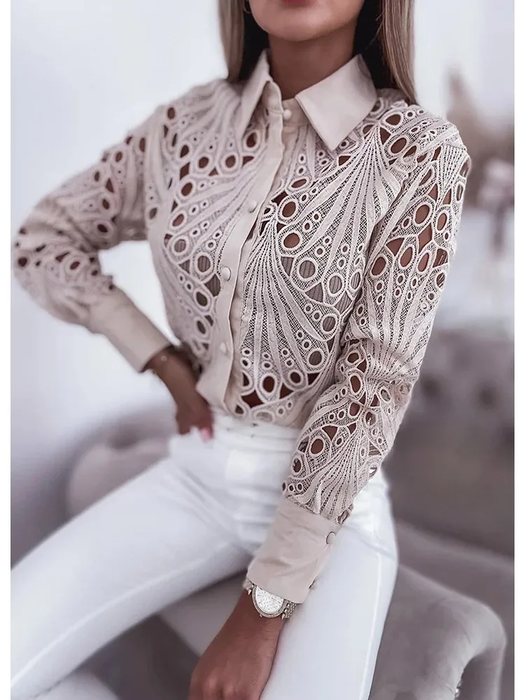 Spring And Autumn Versatile Commuting Fashion Lace Hollow Long Sleeve Shirt For Women New Elegant Long Sleeve Casual Top Shirts