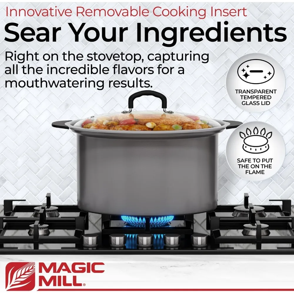 

Slow Cooker 10 Quart | Extra Large Non-Stick Metal Searing Pot & Transparent Tempered Glass Lid Multipurpose Lightweight