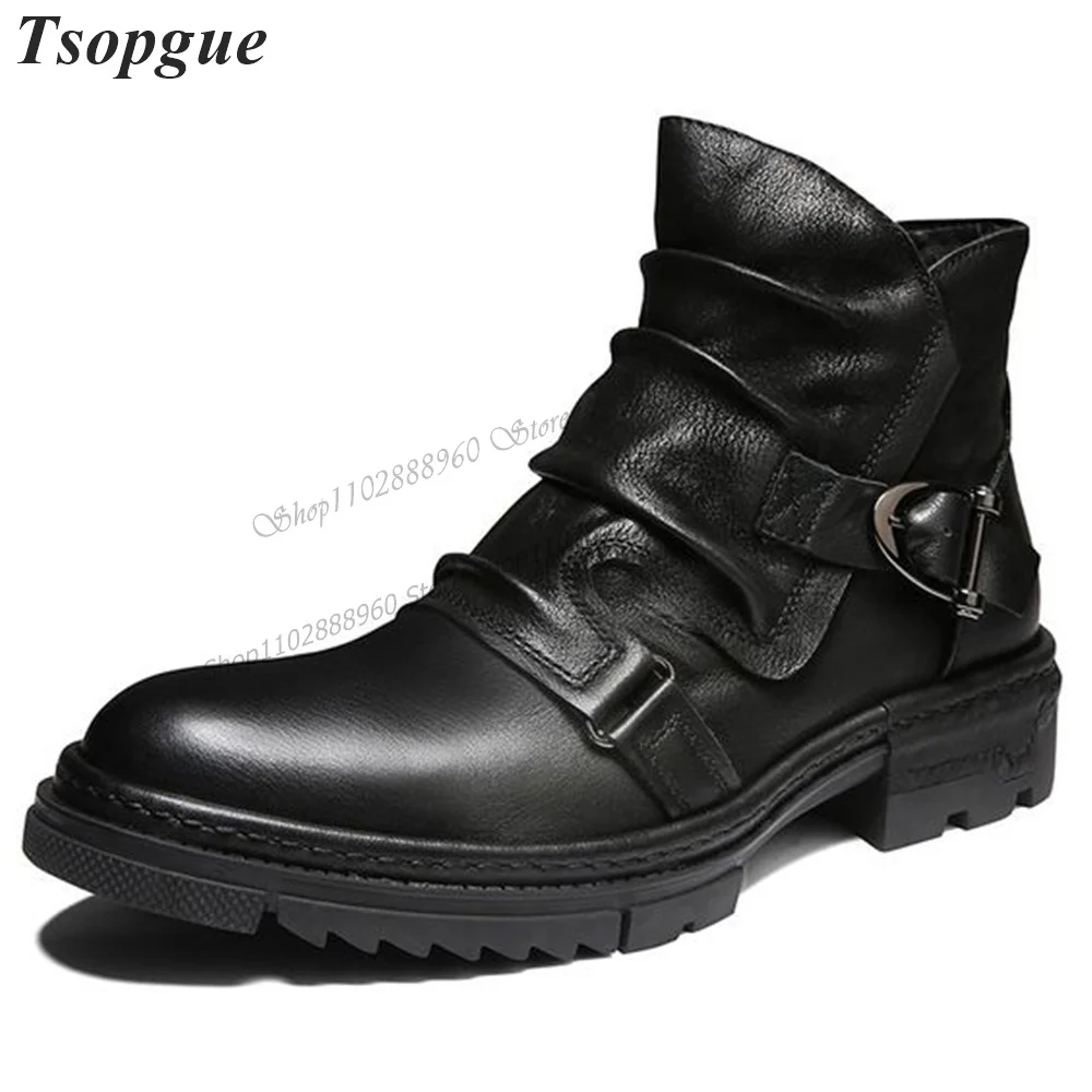 

Black Matte Leather Pleated Buckle Strap Decor Men's Pumps Men Shoes Flat With Runway Casual Party Shoes 2023 Zapatillas Muje