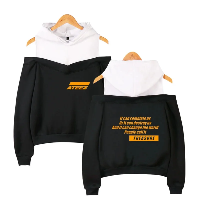 Hot sale ateez off shoulder sweatshirt pattern printing women's fashion casual streetwear off-shoulder hoodie sexy sweathirt