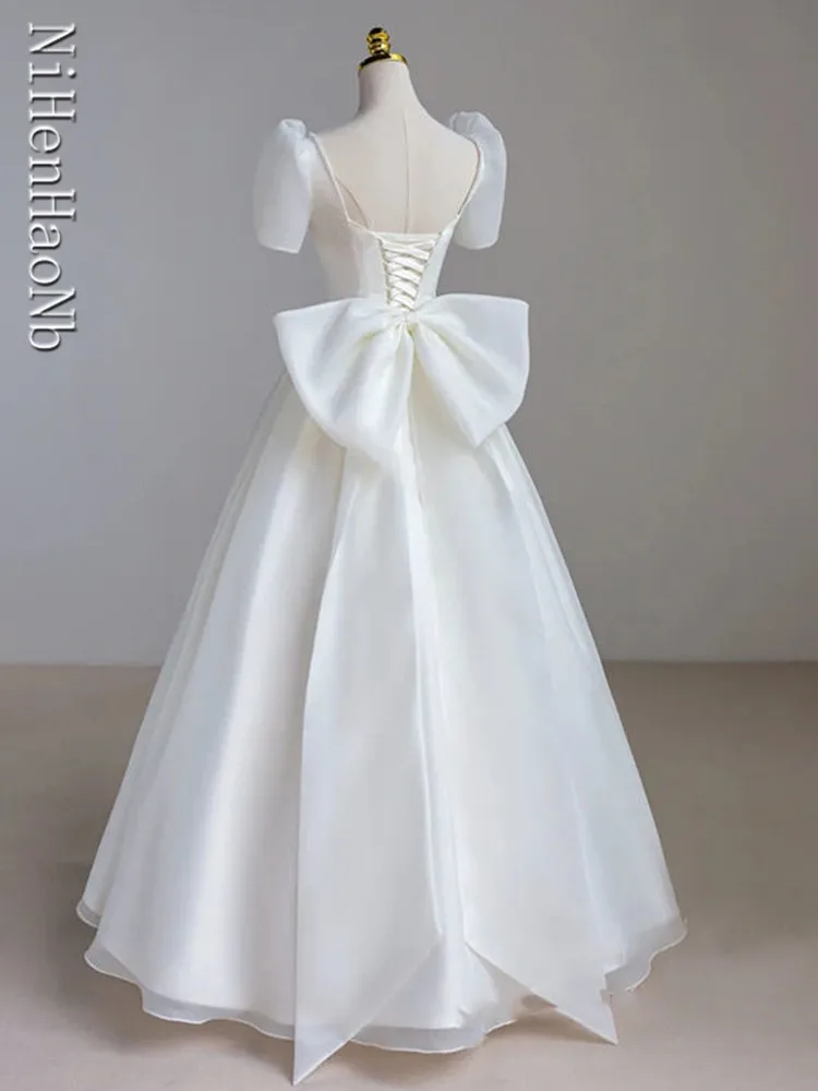 Robe de mariée Maxi blanche de luxe français pour la mariée, manches bouffantes minces, longue robe de soirée de Rh, élégante et sexy, 2023