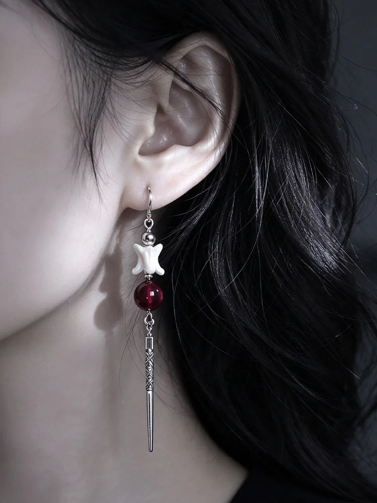 Jewelry Accessories for Women Men, Copper Alloy Material Punk Vertebra Earrings, Deep Red Round Bead, Sharp Spike Pendant Hallow