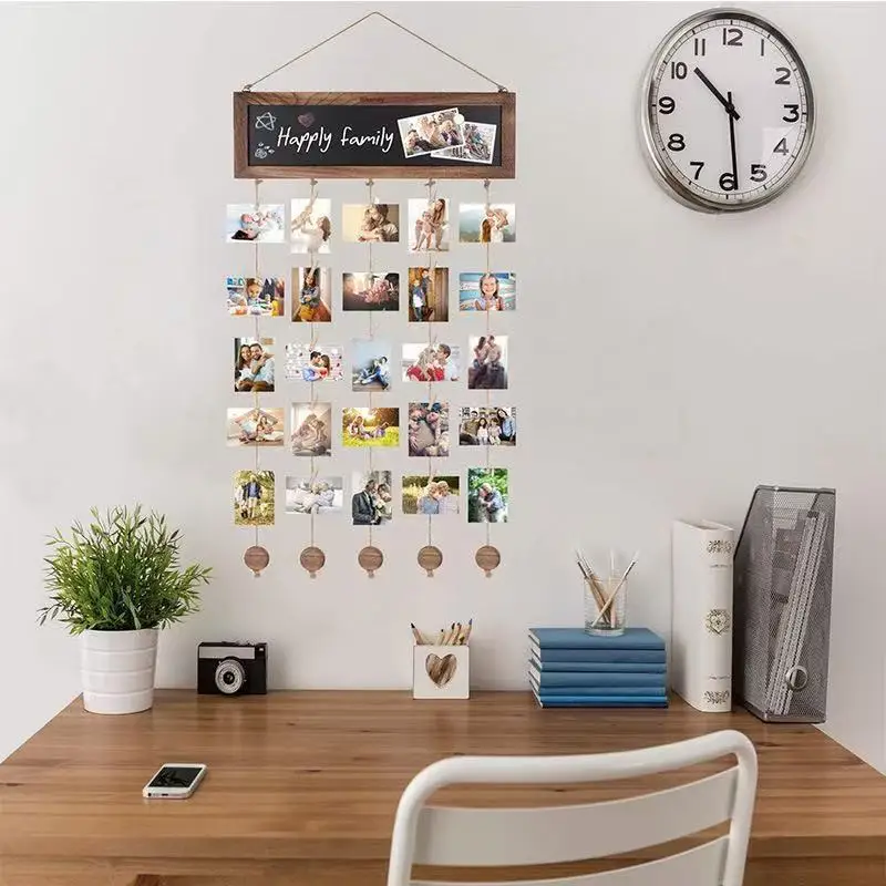 Picture Frame Collage Photo Hanging Display Chalkboard Rustic Wood Polaroid Board Multi Photo Hanging Display Wall Decor 30 Clip