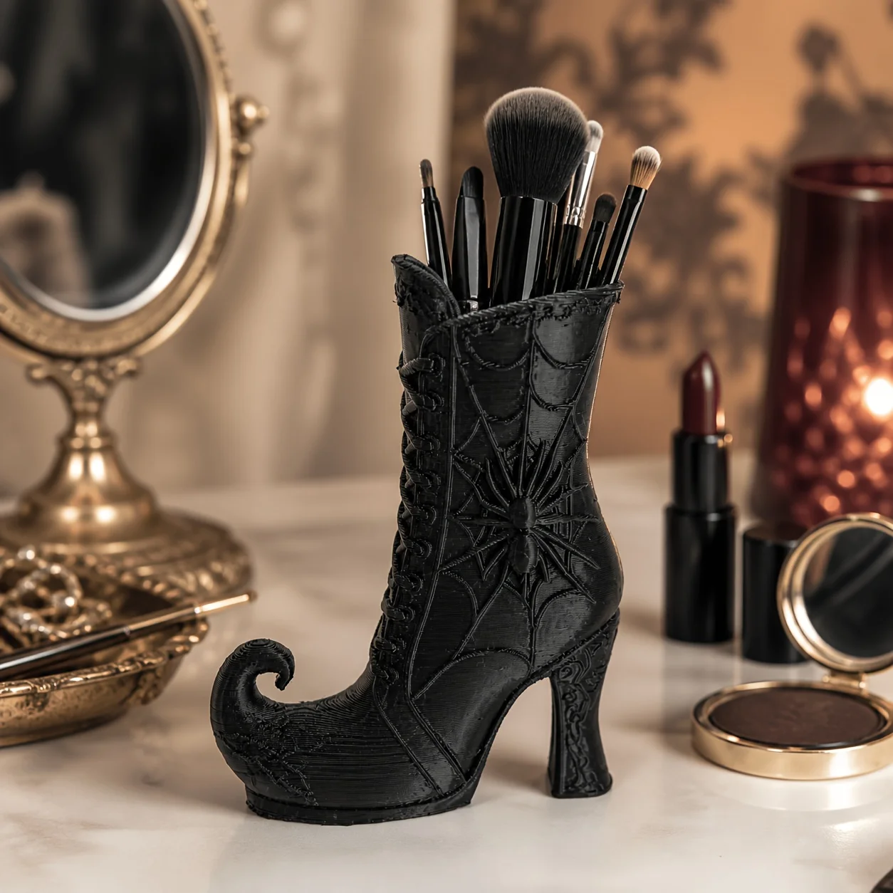 Gothic Spider Web Boot Pen Holder, 3D Printed Witch Shoe Pencil Cup Desk Organizer, Halloween Makeup Brush Storage Decor