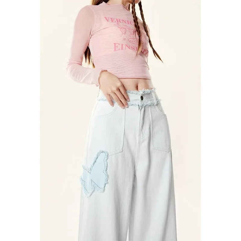 High Waist Tall American Extended Butterfly Embroidered Jeans Loose Design New Rough Edge Thin Wide Leg Pants Exquisite Trend